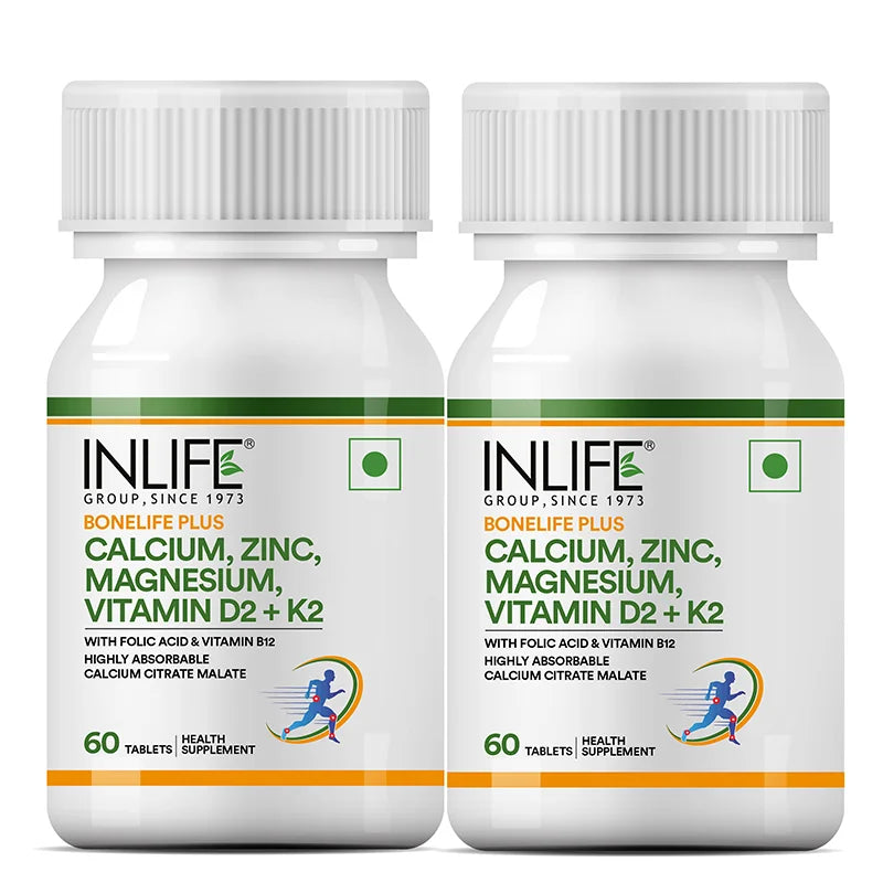 Inlife Calcium Citrate Malate, Magnesium, Zinc, D2, K2 Tablets| Vegetarian Friendly