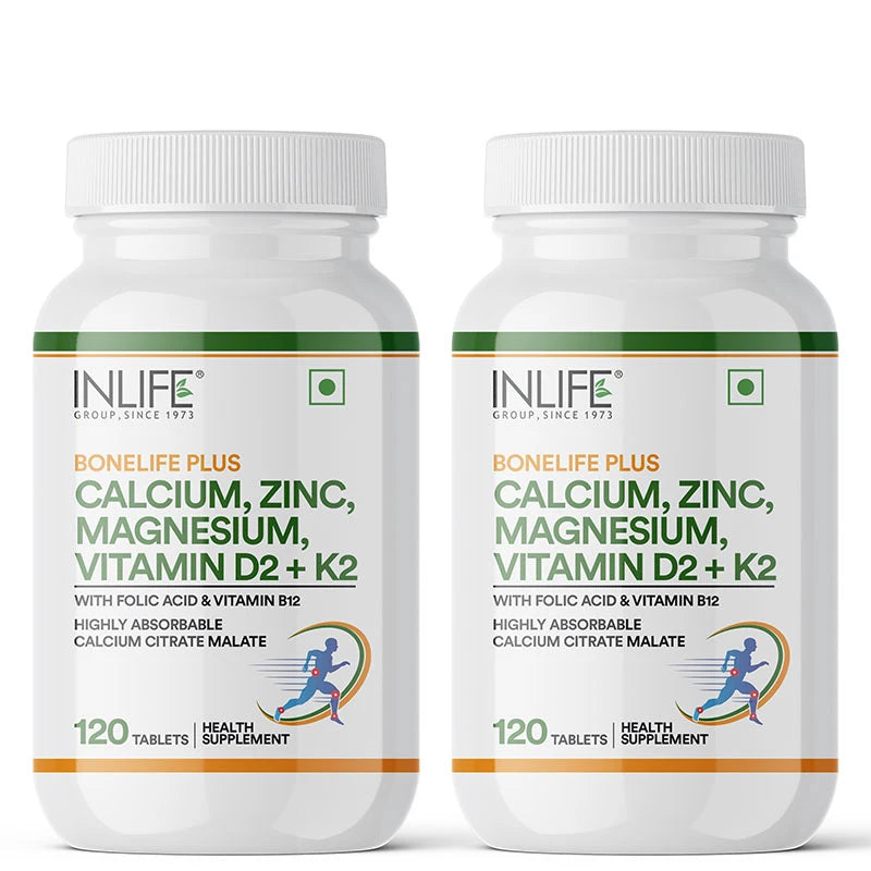 Inlife Bonelife Plus Formula | Calcium Citrate Malate, Magnesium, Zinc, Folic Acid, Vitamin D2, K2 & B12 | Supports Bone & Nutritional Health Tablets
