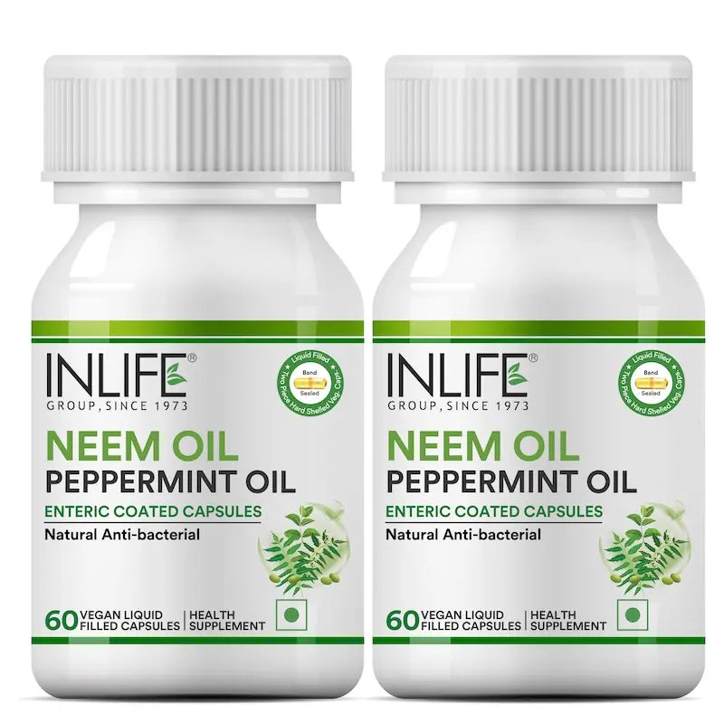 Inlife Neem & Peppermint Oil Capsules | 500mg | Enteric Coated Veg. Capsules