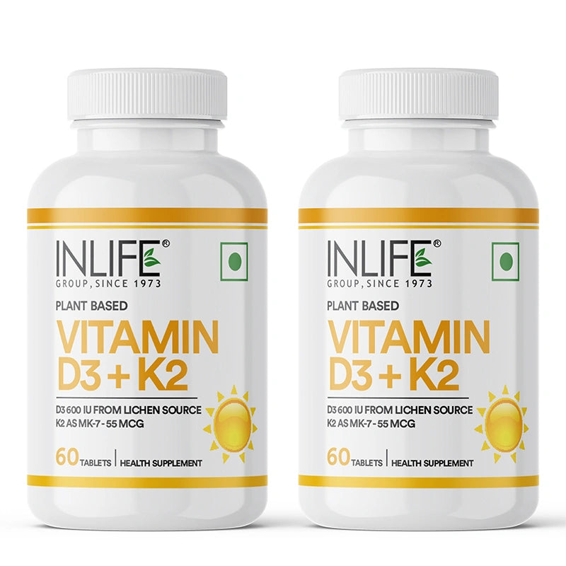 Inlife Plant-Based Vitamin D3 + K2 (MK7), 600 IU Lichen-Sourced D3 & 55 mcg MK7, Veg. Tablets