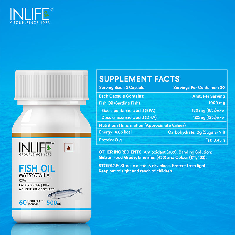 INLIFE Fish Oil Omega 3 Fatty Acids Supplement, 500mg (60 Capsules)