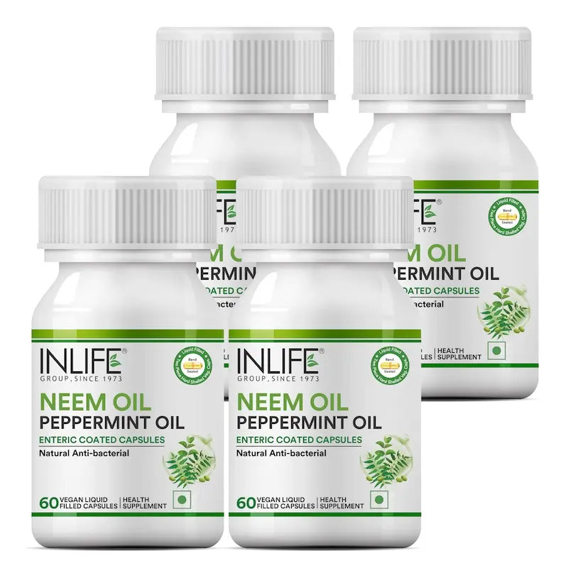 Inlife Neem & Peppermint Oil Capsules | 500mg | Enteric Coated Veg. Capsules