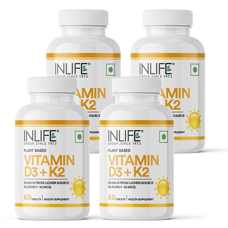Inlife Plant-Based Vitamin D3 + K2 (MK7), 600 IU Lichen-Sourced D3 & 55 mcg MK7, Veg. Tablets