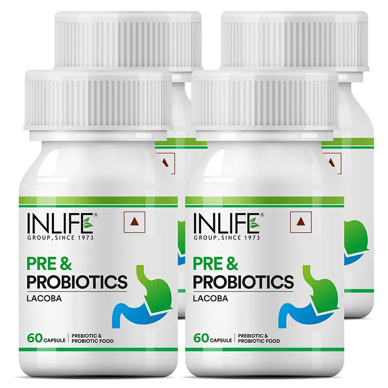 4 Pack of pre and probiotic capsules bottle images food digestion and gut health