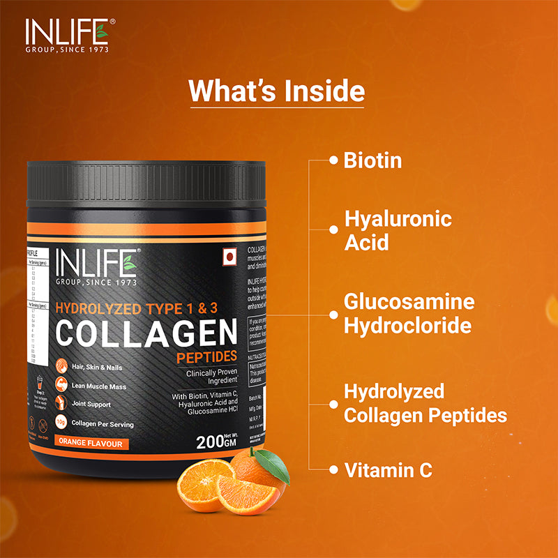 INLIFE Hydrolysed Collagen Peptides with Biotin, Hyaluronic Acid & Glucosamine HCl, 200g