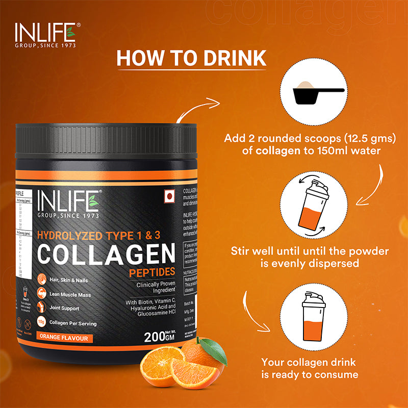 INLIFE Hydrolysed Collagen Peptides with Biotin, Hyaluronic Acid & Glucosamine HCl, 200g