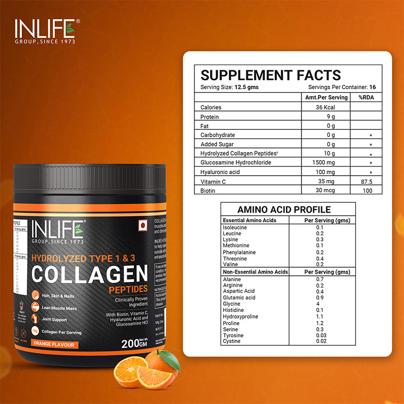 INLIFE Hydrolysed Collagen Peptides with Biotin, Hyaluronic Acid & Glucosamine HCl, 200g
