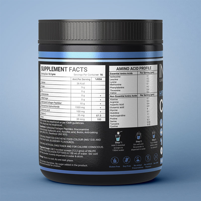 INLIFE Hydrolysed Collagen Peptides with Biotin, Hyaluronic Acid & Glucosamine HCl, 200g