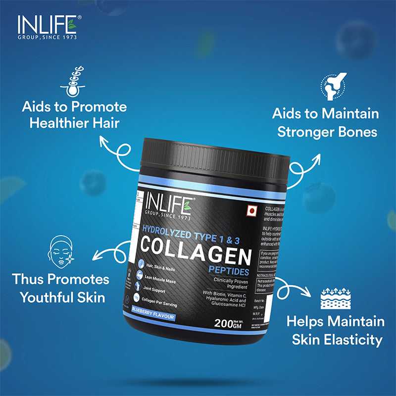 INLIFE Hydrolysed Collagen Peptides with Biotin, Hyaluronic Acid & Glucosamine HCl, 200g