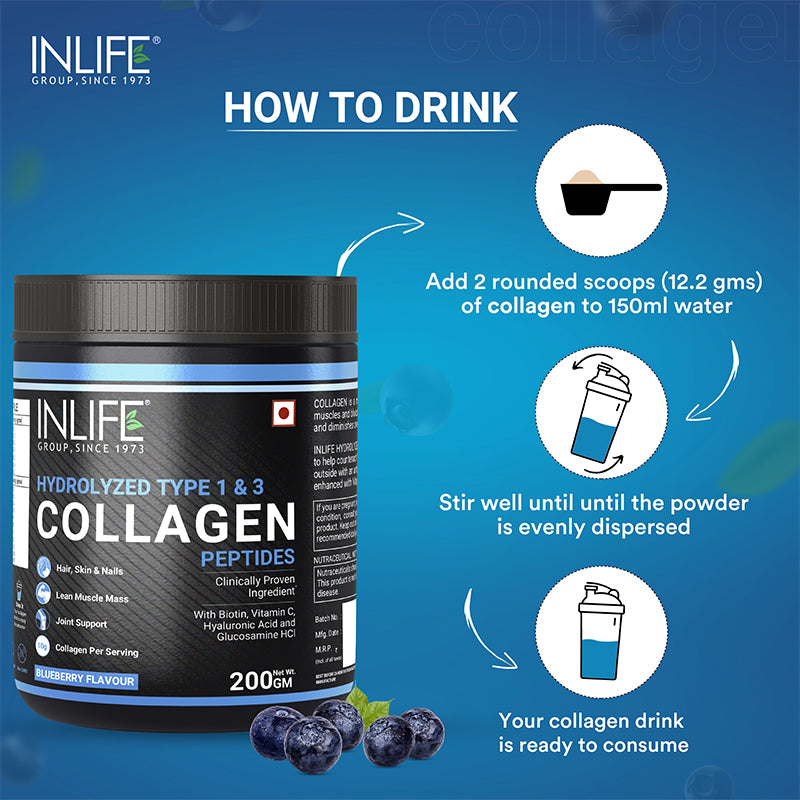 INLIFE Hydrolysed Collagen Peptides with Biotin, Hyaluronic Acid & Glucosamine HCl, 200g