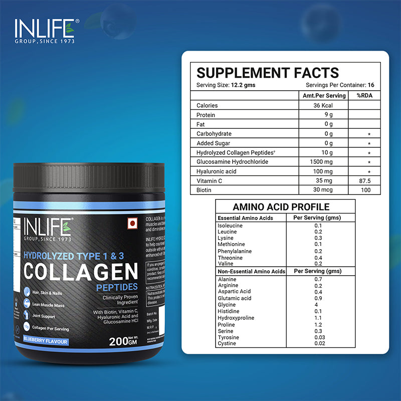 INLIFE Hydrolysed Collagen Peptides with Biotin, Hyaluronic Acid & Glucosamine HCl, 200g