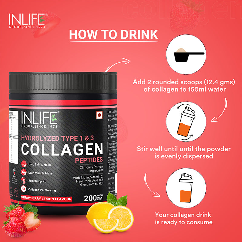 INLIFE Hydrolysed Collagen Peptides with Biotin, Hyaluronic Acid & Glucosamine HCl, 200g