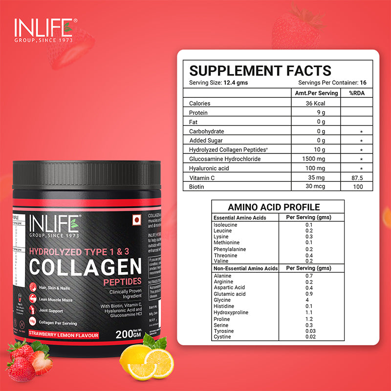 INLIFE Hydrolysed Collagen Peptides with Biotin, Hyaluronic Acid & Glucosamine HCl, 200g