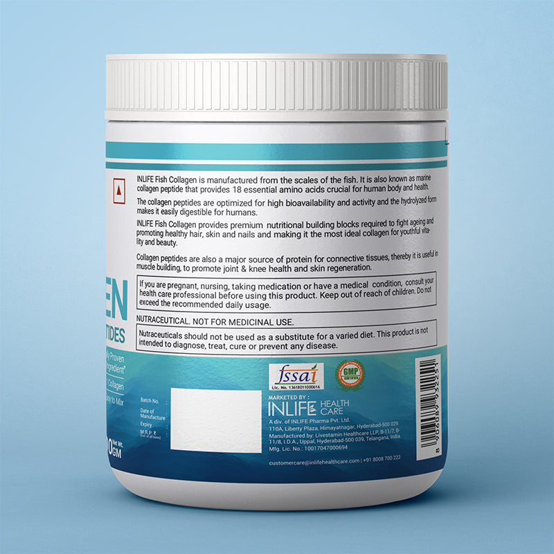 INLIFE Hydrolyzed Marine Fish Collagen Peptides Powder, Clinically Proven Ingredient, 200g (Unflavoured)