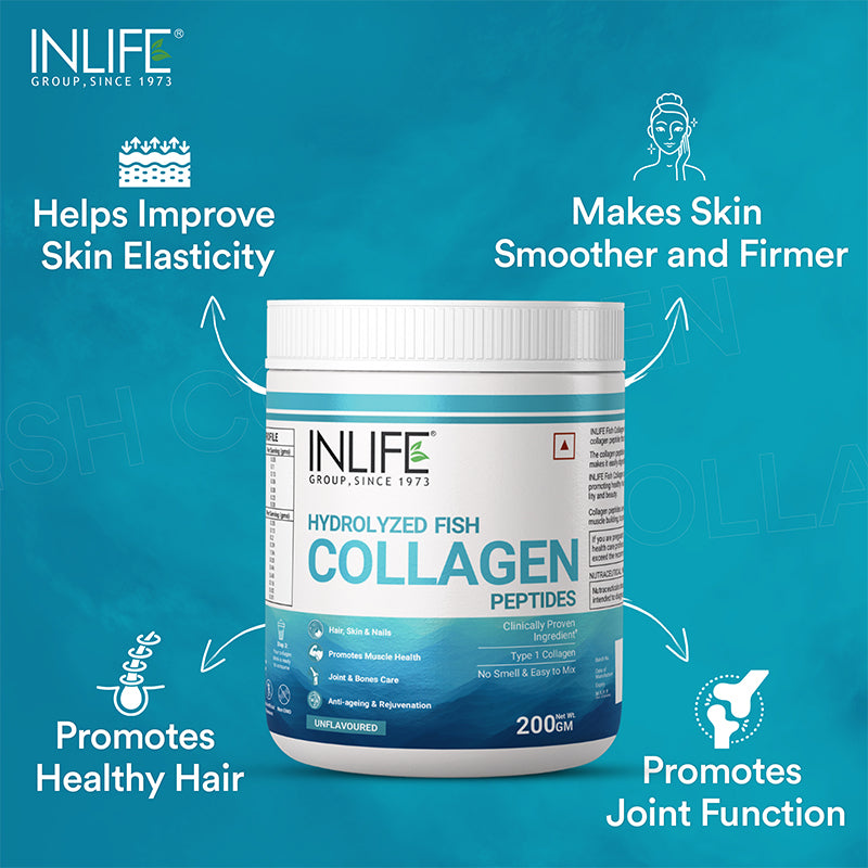 INLIFE Hydrolyzed Marine Fish Collagen Peptides Powder, Clinically Proven Ingredient, 200g (Unflavoured)