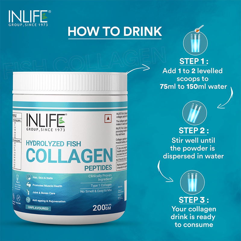 INLIFE Hydrolyzed Marine Fish Collagen Peptides Powder, Clinically Proven Ingredient, 200g (Unflavoured)