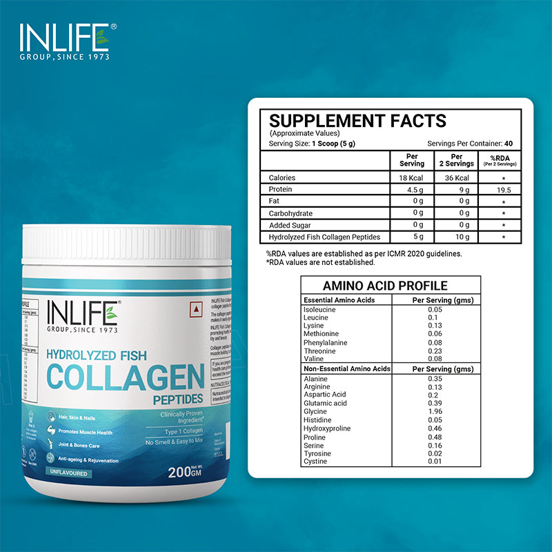 INLIFE Hydrolyzed Marine Fish Collagen Peptides Powder, Clinically Proven Ingredient, 200g (Unflavoured)