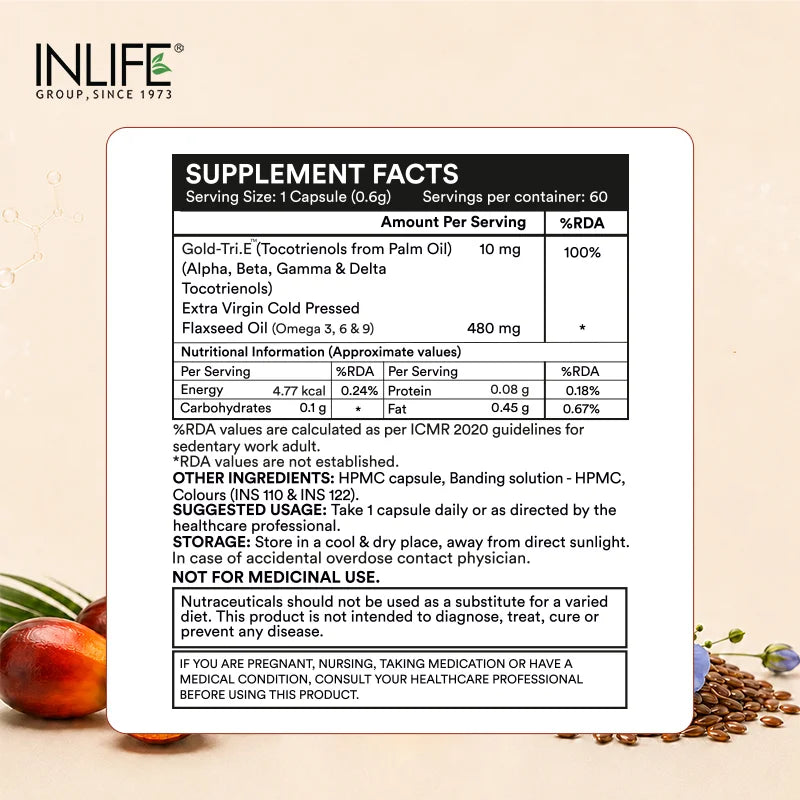 Inlife Tocotrienol (Gold Tri.E™) + Flaxseed Oil Plant-Based Omega 3-6-9 Capsules