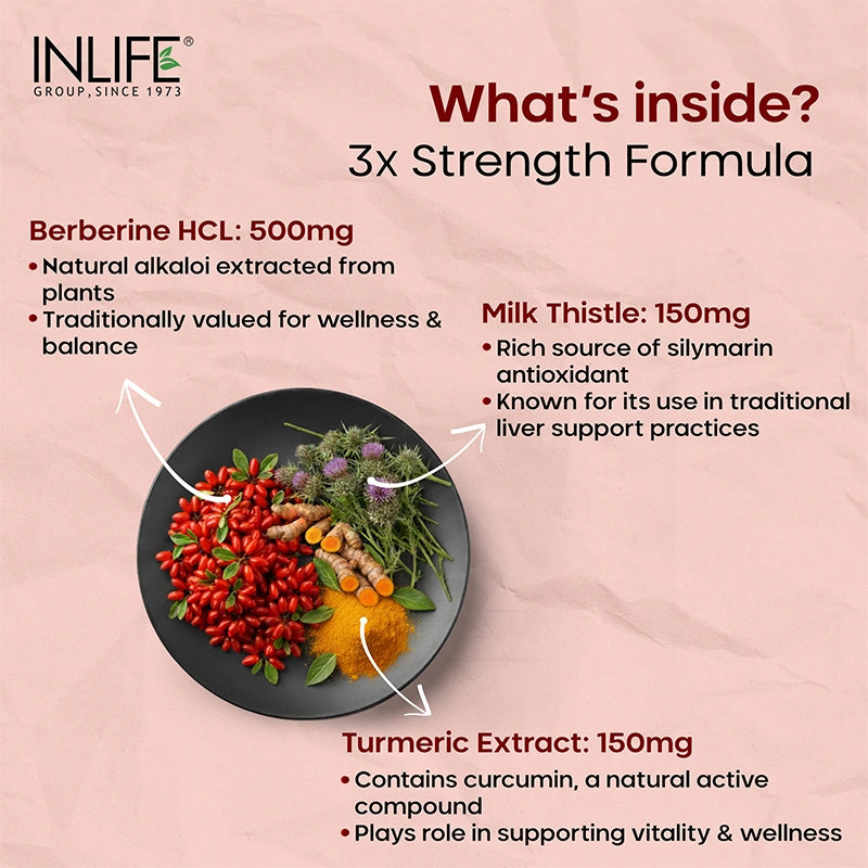 Inlife Berberine Supplement with HCl 500mg, Milk Thistle, Turmeric | Veg. Capsules