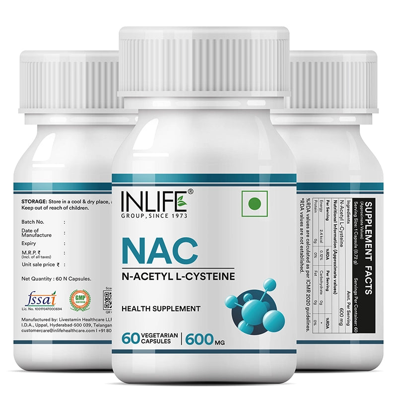 Inlife N-Acetyl Cysteine (NAC) Supplement 600mg, Supports Liver & Respiratory Health, Veg. Capsules