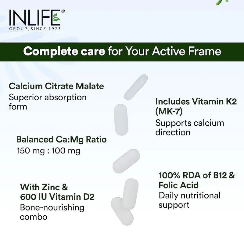 Inlife Bonelife Plus Formula | Calcium Citrate Malate, Magnesium, Zinc, Folic Acid, Vitamin D2, K2 & B12 | Supports Bone & Nutritional Health Tablets