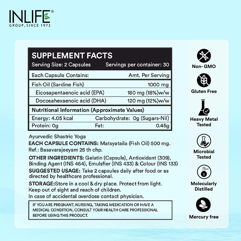 Inlife Fish Oil Liquid Filled Capsules, EPA 180 mg & DHA 120 mg per serving