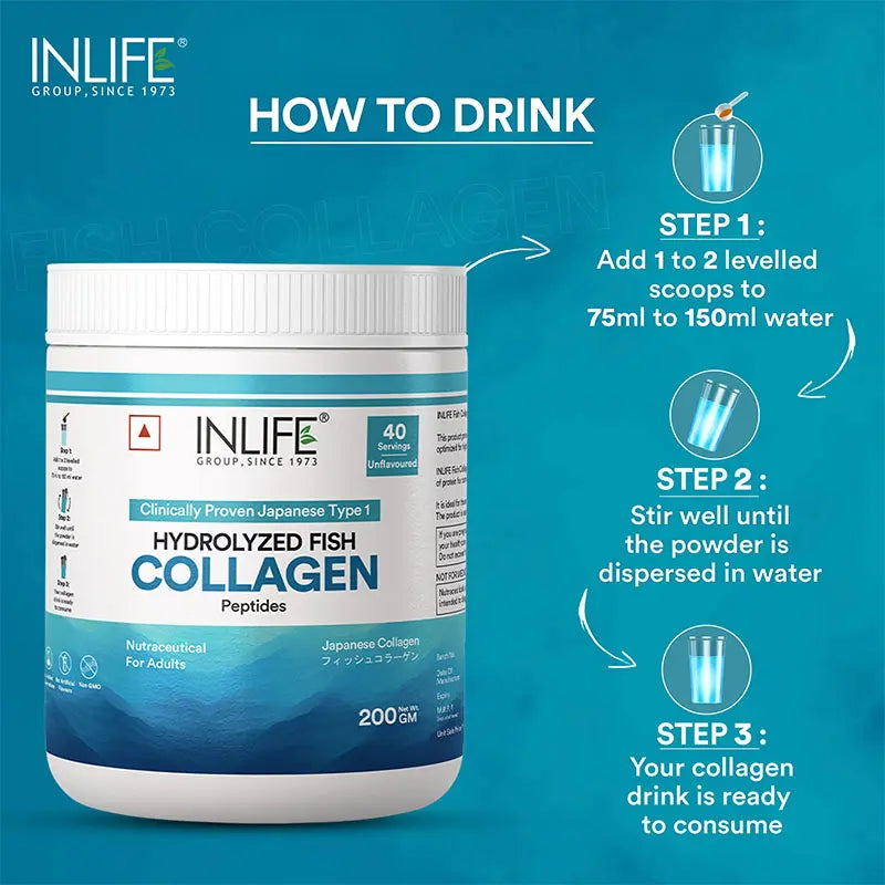 Inlife Hydrolyzed Japanese Marine Fish Collagen Peptides Powder | Clinically Proven Ingredient | 200g Unflavored