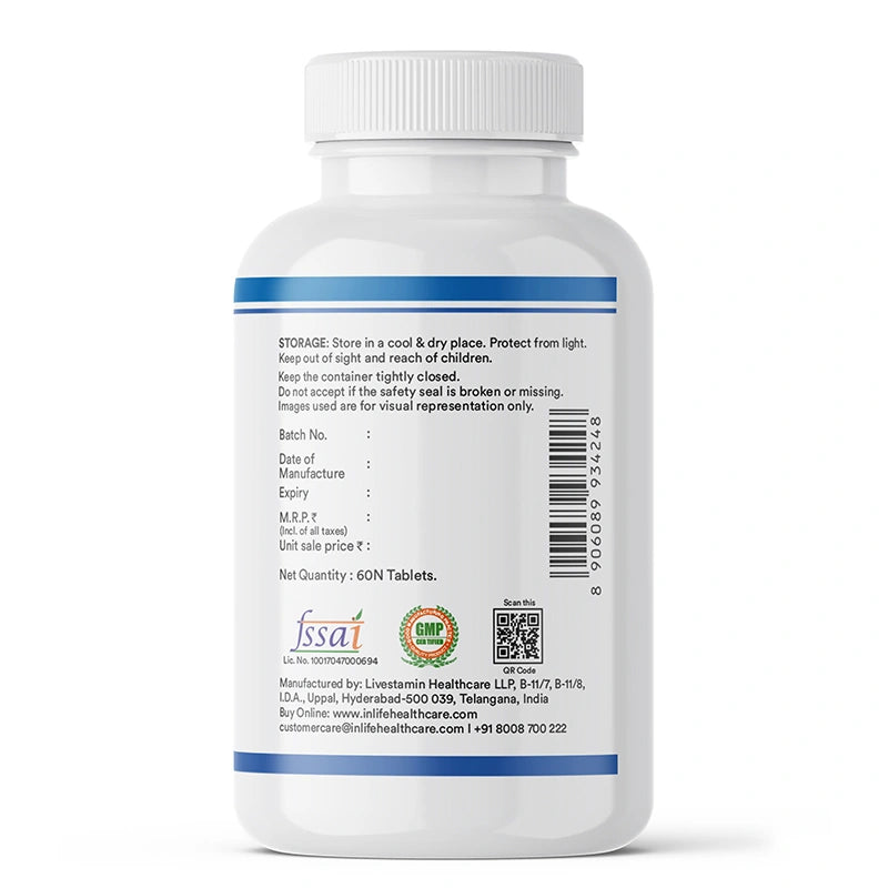 INLIFE Mg complex tablets label showing storage info, manufacturer and batch details, compliance and barcode
