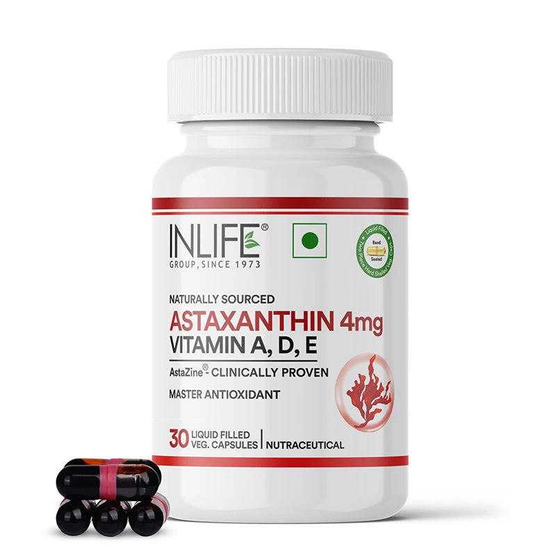 bottle of INLIFE Astaxanthin,30 naturally sourced liquid filled capsules, featuring Astazine