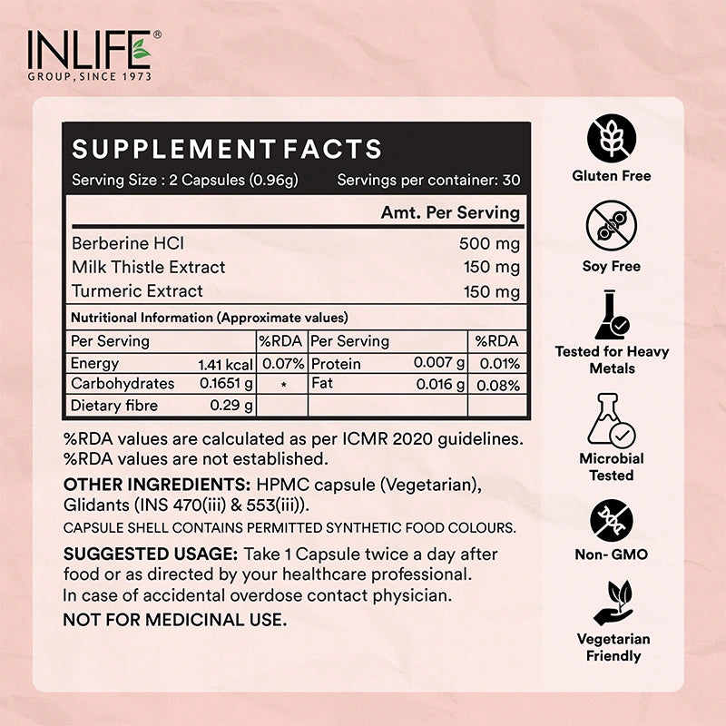 INLIFE Berberine HCL Supplement Facts panel. Serving size is 2 capsules, containing Berberine HCL 500mg, Milk Thistle Extract 150mg, and Turmeric Extract 150mg. Quality icons confirm it is Gluten Free, Soy Free, Tested for Heavy Metals, Microbial Tested, Non-GMO, and Vegetarian Friendly