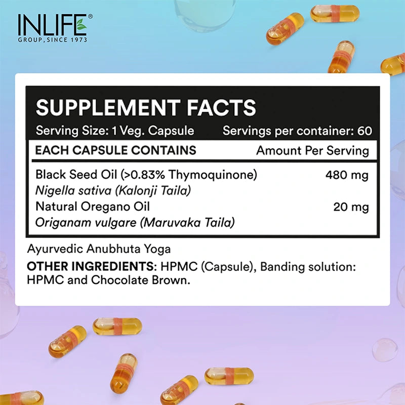 Supplement facts and serving size of INLIFE Black Seed & Oregano Oil liquid-filled capsules