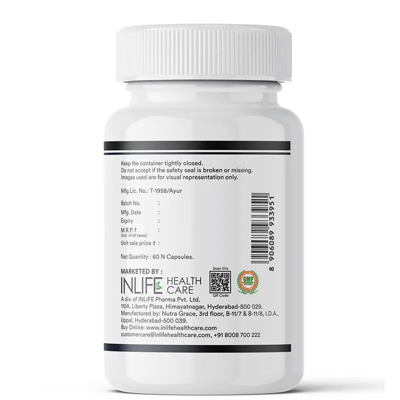 INLIFE Black Seed & Oregano Oil capsules label showing the storage, batch details, manufacturer details, net qty & compliance.