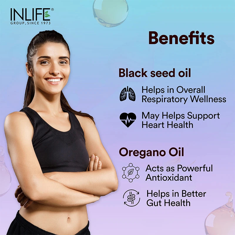 INLIFE Black Seed & Oregano Oil capsules support respiratory, heart, gut health, immunity, and better nutrient absorption.