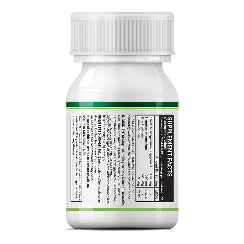 Label of INLIFE Chelated Magnesium Glycinate with Zinc Tablets showing storage instructions, batch number, manufacturing and compliance details