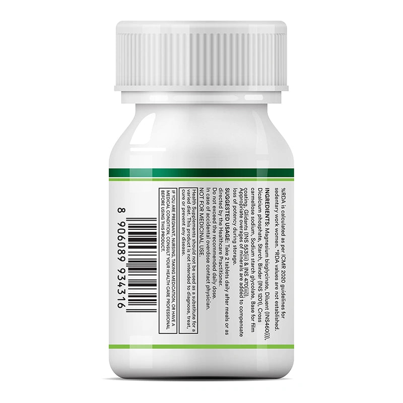 INLIFE Chelated Magnesium Glycinate with Zinc Tablets right side label displaying supplement facts, suggested usage and safety warnings