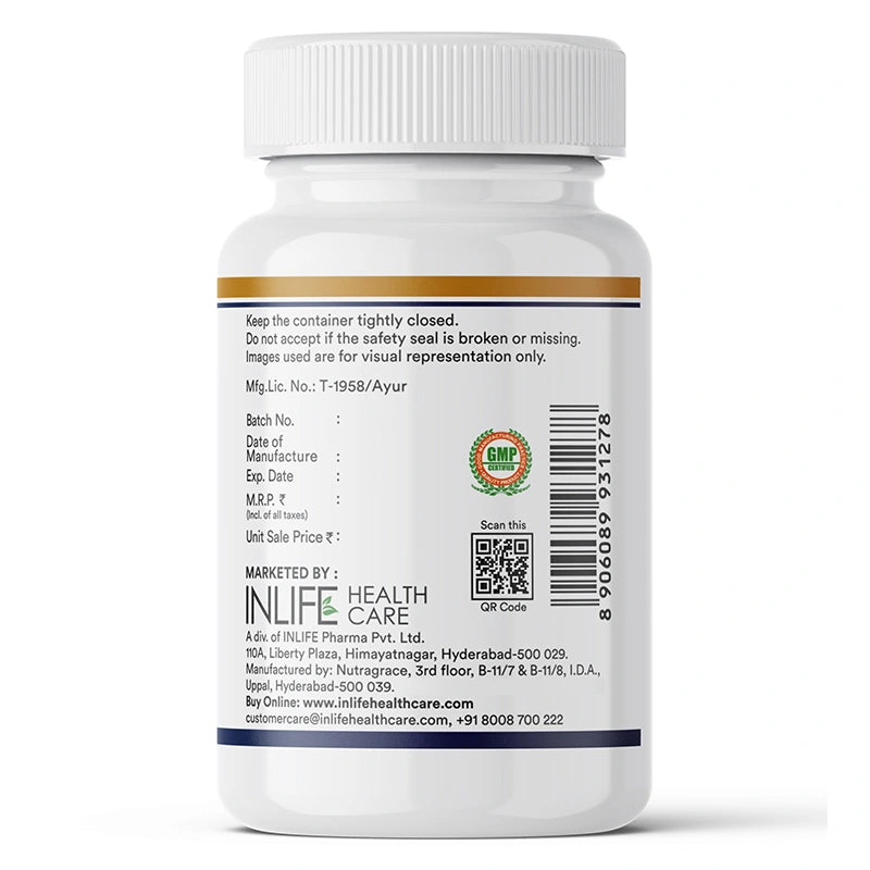 INLIFE double strength fish oil label displaying storage manufacturer, batch info and GMP compliance badges.