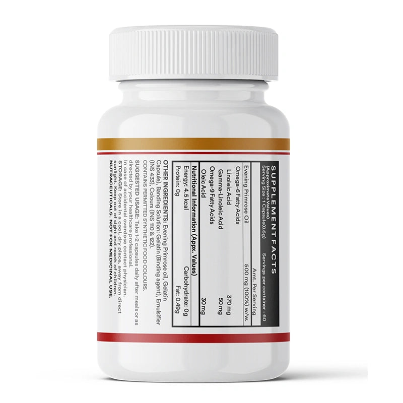 INLIFE Evening primrose oil capsules label displaying supplement facts and nutritional info.