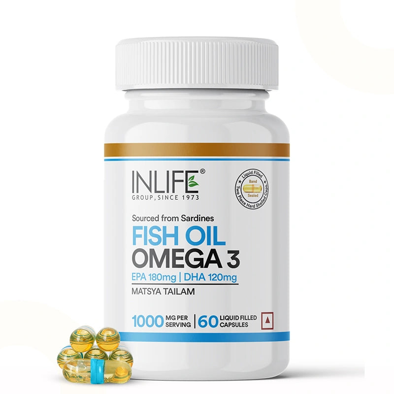 INLIFE Fish Oil Omega 3 supplement bottle (1000mg per serving, 60 liquid-filled capsules) sourced from Sardines (Matsya Tailam). The label prominently displays the active content: EPA 180mg and DHA 120mg.