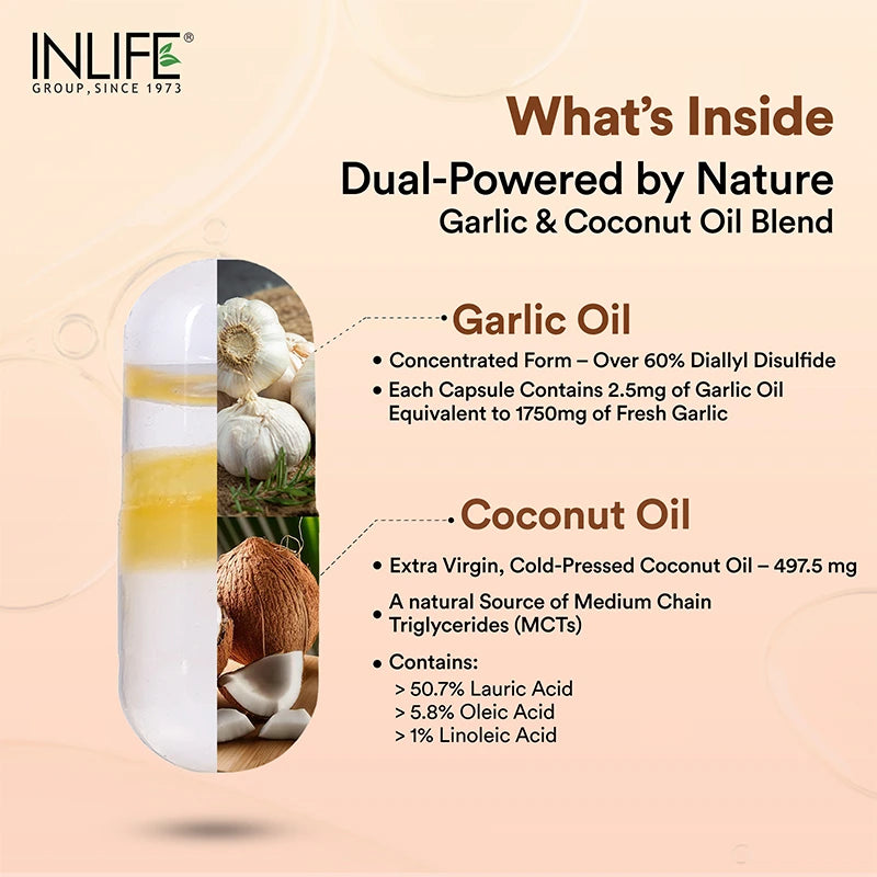 INLIFE Garlic & Coconut Oil capsules made with pure garlic oil and cold pressed coconut oil.