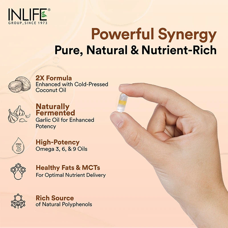 INLIFE Garlic & Coconut Oil capsules with 2x omega-3, fermented for potency, rich in MCTs & polyphenols.