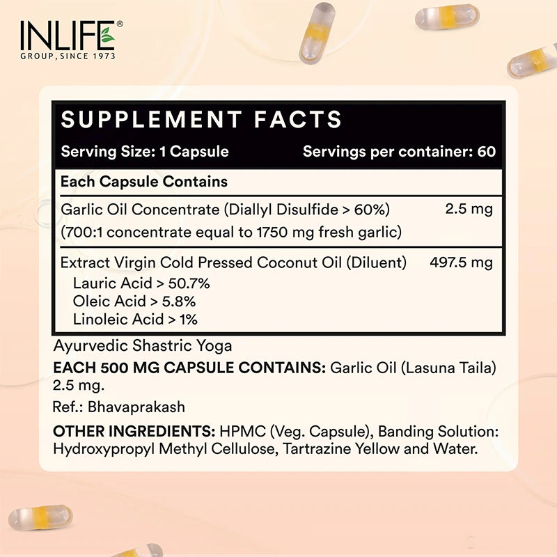Supplement facts of INLIFE Garlic+ coconut oil capsules