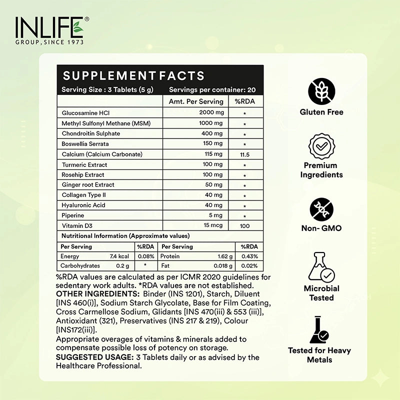 INLIFE Glucosamine MSM Chondroitin tablets supplement facts and product claims