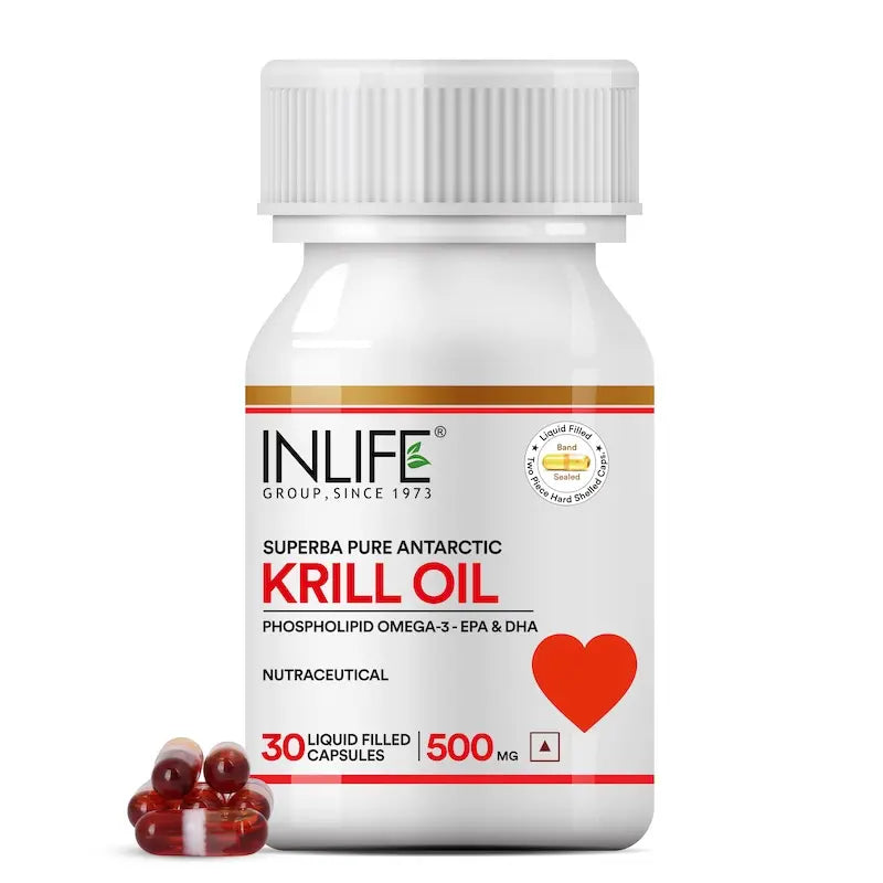 Inlife Krill Oil Capsules bottle with liquid-filled softgel capsules – rich source of Omega-3 fatty acids (EPA & DHA) for heart, joint, and brain health