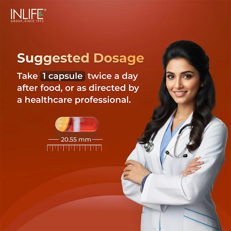 Inlife Krill Oil Capsules suggested dosage information with serving instructions for daily use of Omega-3 rich krill oil softgel capsules.