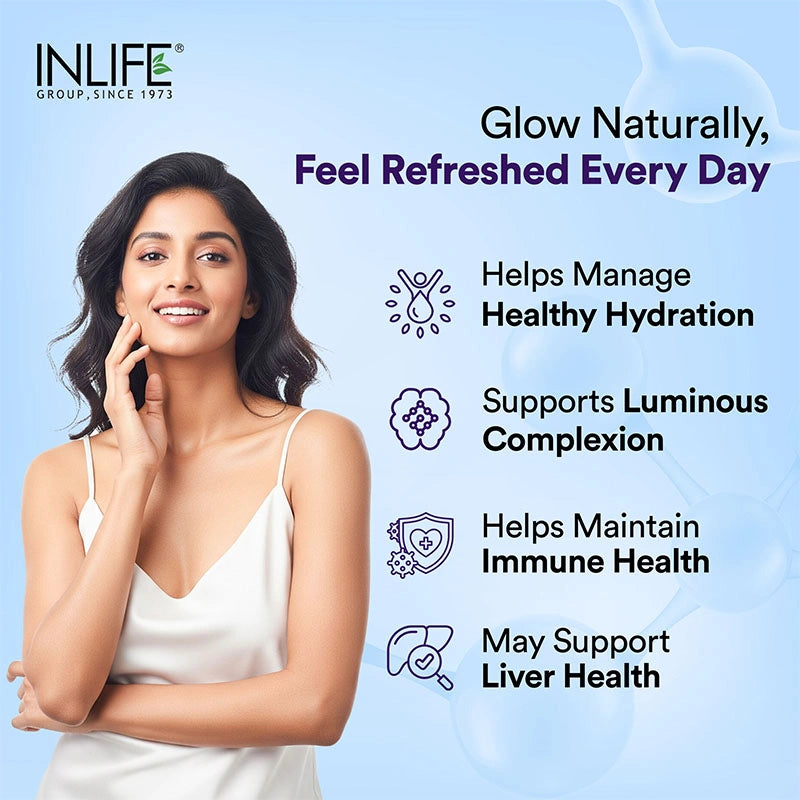 INLIFE L-Glutathione Reduced capsules support hydration, luminous skin, immune health and liver health