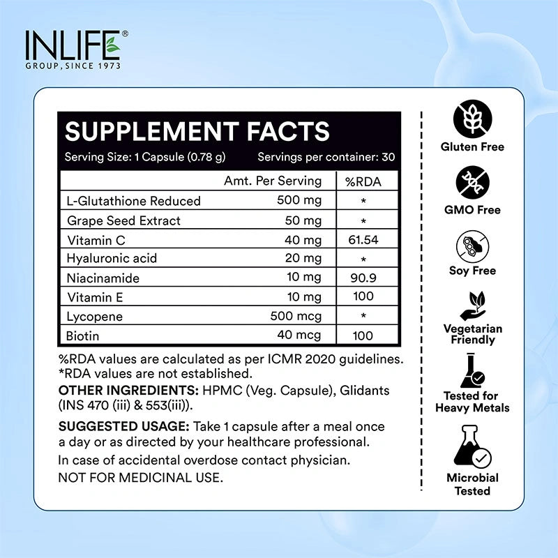 Supplement facts of INLIFE L-Glutathione reduced capsules alongside product claims