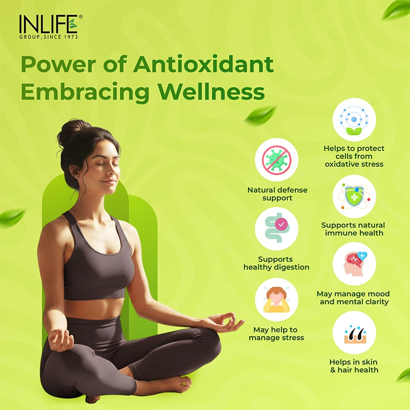 INLIFE Lemon and Coriander Oil Capsules graphic promoting antioxidant power and wellness. A woman is meditating, and the graphic lists benefits including protection from oxidative stress, healthy digestion, natural immune health, stress management, and support for skin and hair health.
