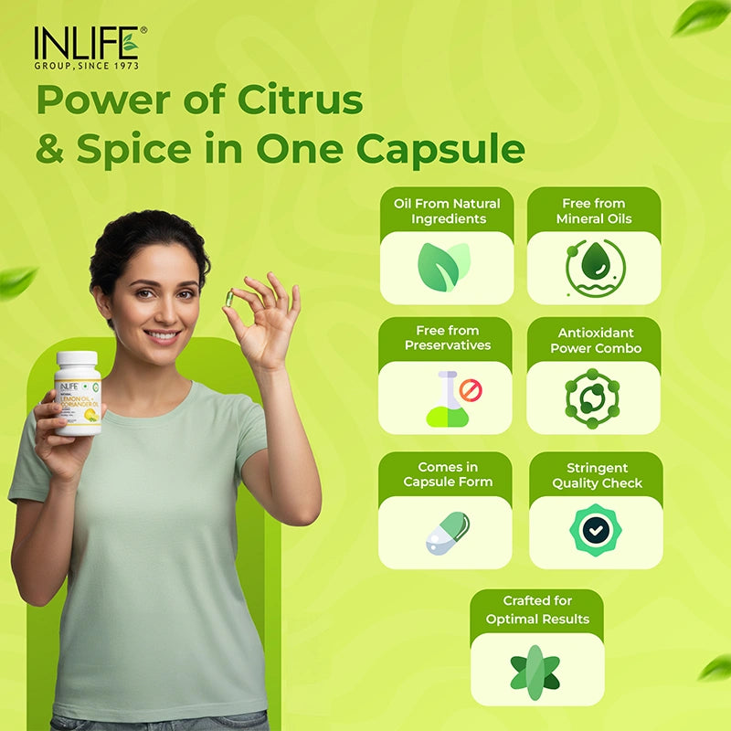 INLIFE Lemon and Coriander Oil Capsules graphic showing quality assurances. A woman holds the capsule, and the graphic highlights features like Oil From Natural Ingredients, Free from Mineral Oils, Free from Preservatives, Antioxidant Power Combo, and Stringent Quality Check.