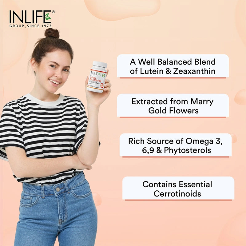 INLIFE Lutein Zeaxanthin capsules sourced from marigold flowers, rich in omega 3, 6, 9, phytosterols & carotenoids