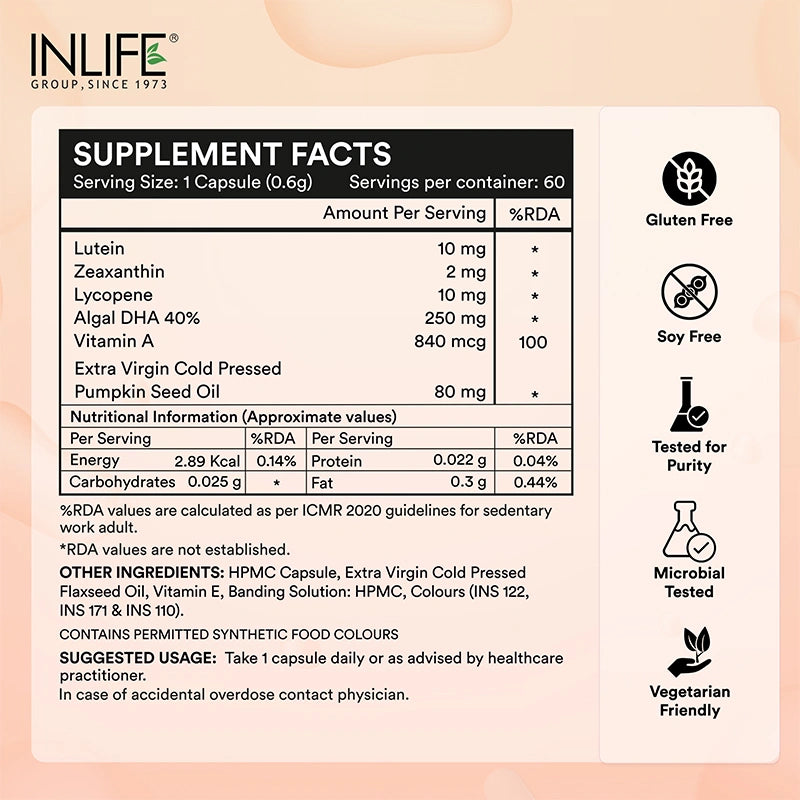 Supplement facts of INLIFE Lutein Zeaxanthin capsules alongside product claims